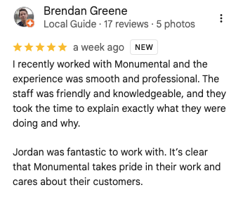 Image of a customer review for Monumental Pest Control.