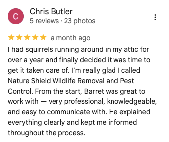 Image of a customer review for Nature Shield Wildlife Removal. 