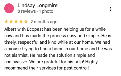 Image of a customer review for Eco Pest Control. 