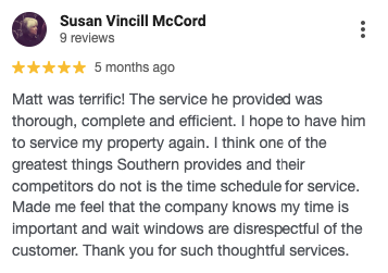 Image of a customer review for Southern Pest Control. 