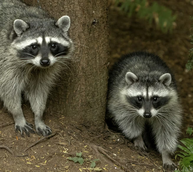 Two raccoons peer out from either side of a tree trunk, both looking directly at the camera. 