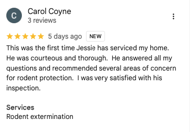Image of a customer review for Ehrlich Pest Control.