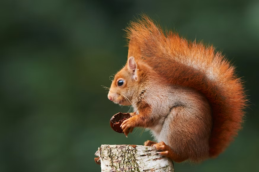 A red squirrel perches on top of a birch stump, holding a dark nut or chestnut in its front paws. 