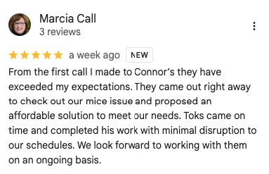 Image of a customer review for Connor’s Pest Pros. 