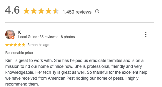Image of a customer review for American Pest. 