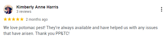 A customer review that highlights Potomac Pest’s outstanding offerings. 