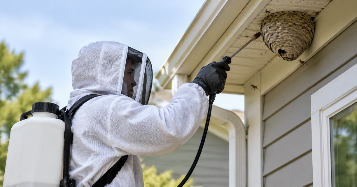 An exterminator carrying out wasp removal in a Washington, DC house