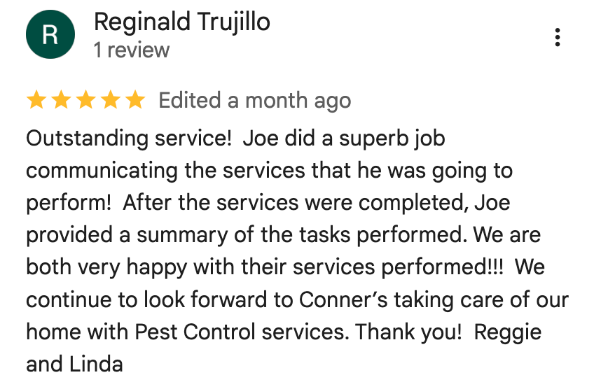 Five-star Google review praising Connor’s Pest Pros for great service, polite technicians, and effective pest control.
