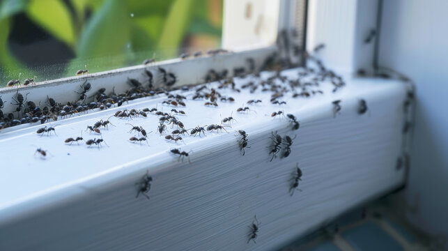 Large cluster of black ants swarming a white interior window sill, a common home infestation entry point.