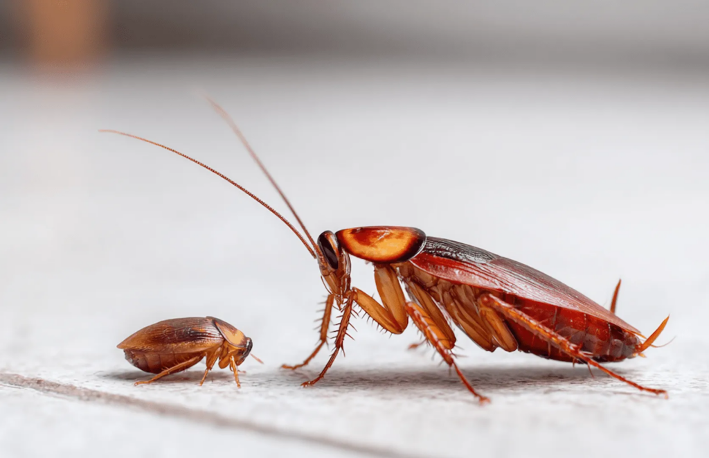 Adult cockroach facing a much smaller nymph on a light surface, showing the size difference between life stages.