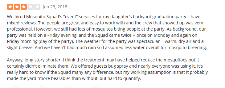 Mosquito Squad customer review describing post-treatment experience at a Fairfax backyard event.
