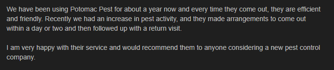 Potomac Pest Control five-star Yelp review from a long-term Fairfax pest control customer.