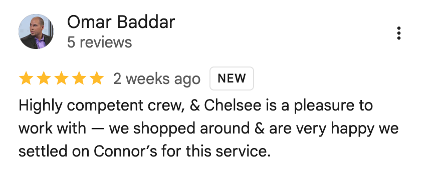 Five-star Google review by Omar Baddar praising Connor's Pest Pros for competent and pleasant service.


