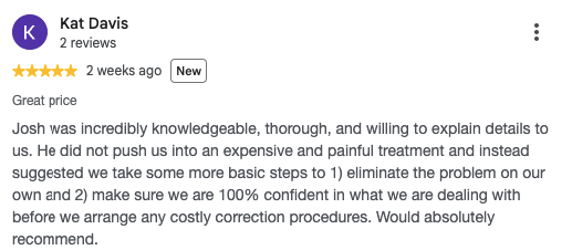 Google review praising Connor's Pest Pros technicians as knowledgeable and polite. 