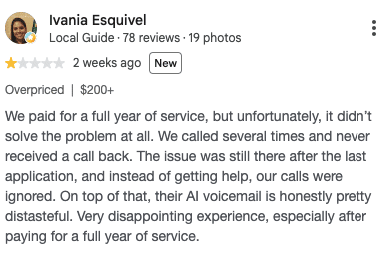 Screenshot of a customer’s 1-star review for Mosquito Joe.