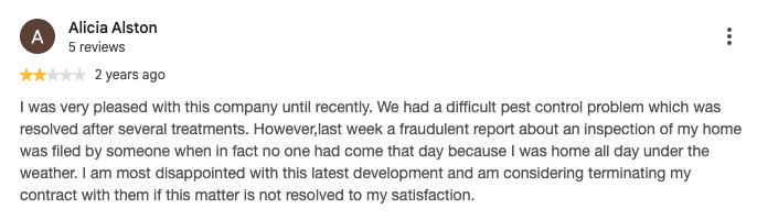 Screenshot of a user’s 2-star review for American Pest.
