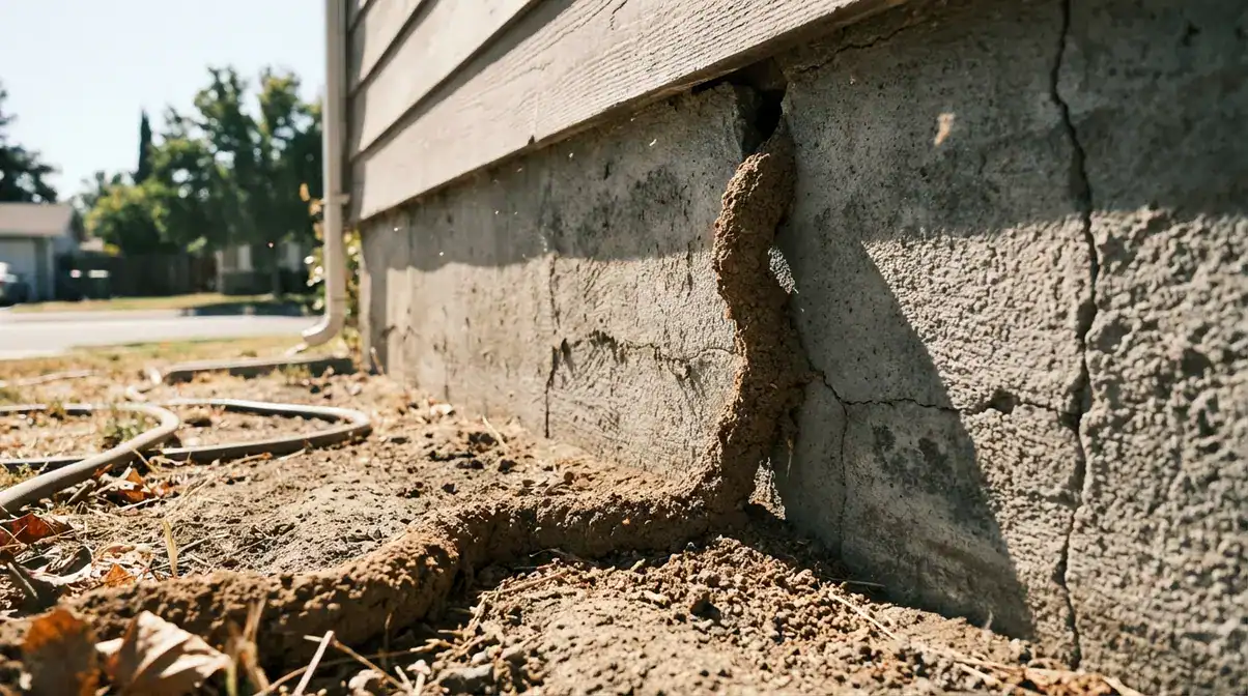 Active termite mud tube running up a home's concrete foundation, a key warning sign of an infestation