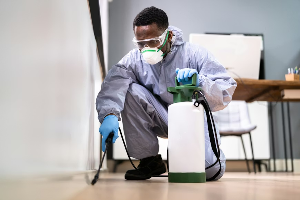 Pest control technician in a gray hazmat suit, safety goggles, white respirator mask, and blue gloves crouching on a hardwood floor to spray insecticide along the baseboard