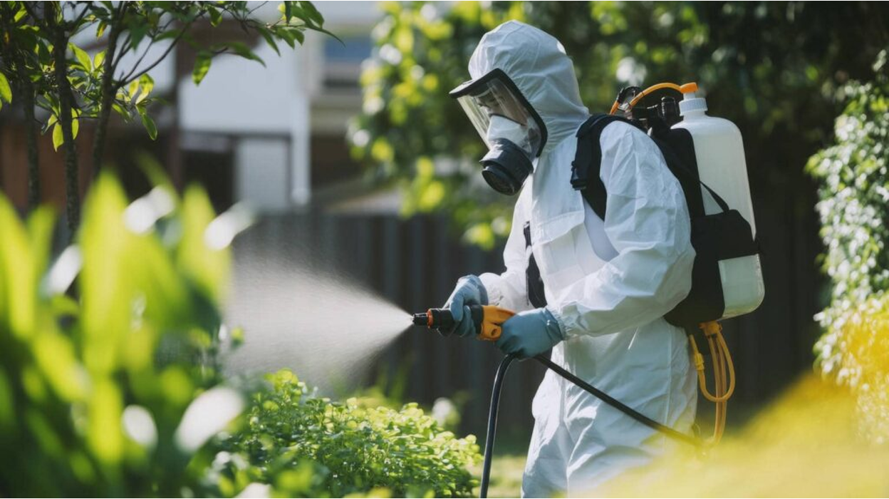 Pest control technician in a white hazmat suit and respirator, spraying mosquito treatment on shrubs in a residential yard.