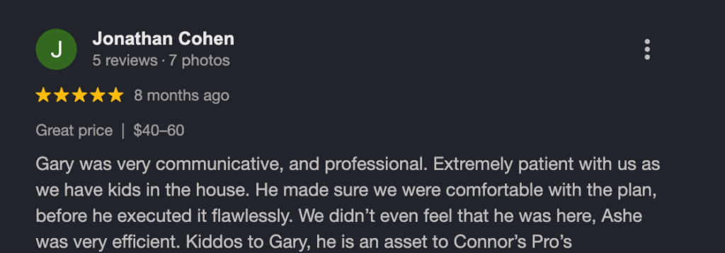 A 5-star review on Connor’s Pest Pros.