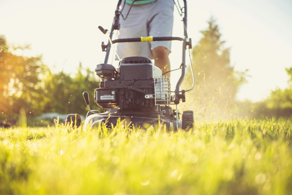 A person pushes a lawn mower across green grass during golden hour sunlight.