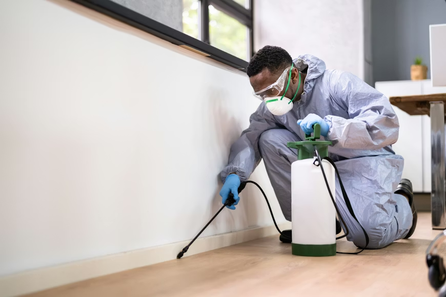 Pest control technician in a gray hooded hazmat suit, safety goggles, dust mask, and blue gloves kneeling on a hardwood floor to spray insecticide along the baseboard.