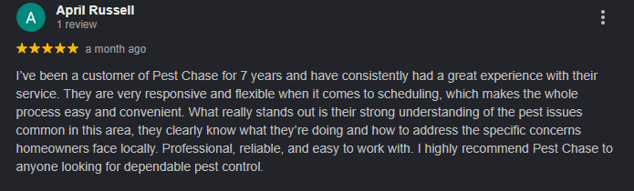 Customer review for Pest Chase showing testimonial text from a seven-year customer.