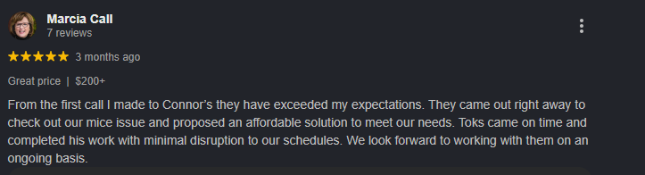 Five-star Google customer review of Connor's Pest Pros pest control.