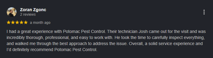Five-star customer review of Potomac Pest Control highlighting thorough inspection and professional service in Fairfax.