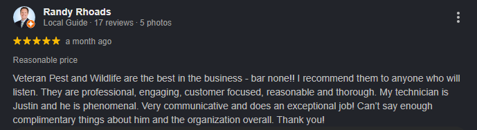 Five-star customer review of Veteran Pest and Wildlife Services, highlighting professional and customer-focused termite and pest control service.