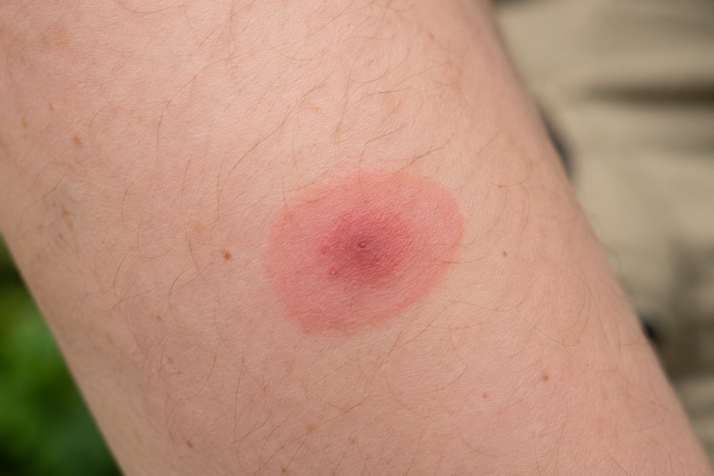 Close-up view of a tick bite, showing the bullseye rash.