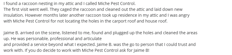 Miche Pest Control customer review describing thorough wildlife removal in a Fairfax County home.