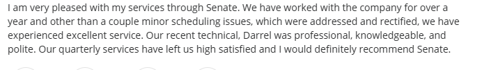 Five-star customer review for Senate Termite & Pest Control highlighting consistent quarterly Oakton pest control service.