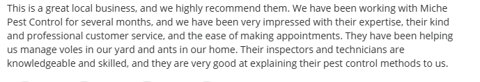 Five-star customer review for Miche Pest Control in Oakton praising technician expertise and effective pest management.