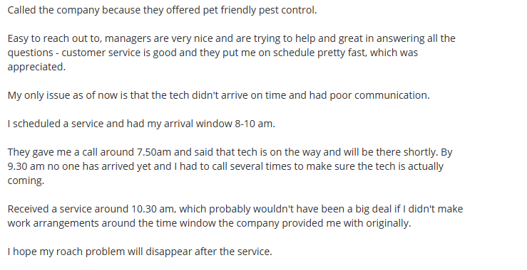 Green Pest Services customer review noting responsive management and pet-friendly Great Falls pest control service.