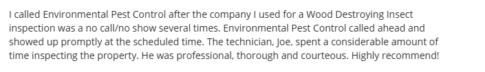 Five-star Environmental Pest Control review highlighting on-time arrival and thorough Great Falls property inspection.