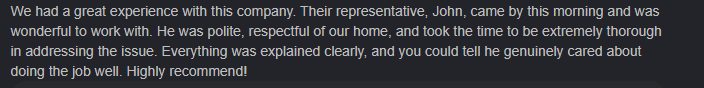 customer review for My Pest Pros pest control company.