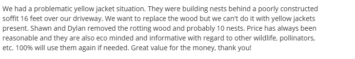 Customer review for Mount Vernon Pest Control.