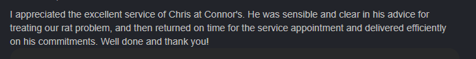 Five-star Google review for Connor's Pest Pros praising sensible advice and punctual rodent treatment service.