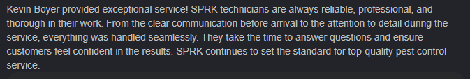 Five-star customer review for SPRK Pest Solutions highlighting reliable, professional service with excellent communication.