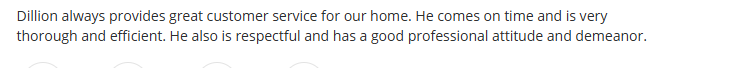 Customer review for Dodson Pest Control praising consistent, professional pest control service in Leesburg, VA.