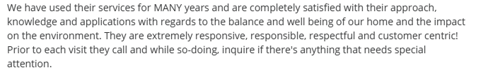 Long-term Germantown customer review for Pest Control Club praising responsiveness and eco-conscious pest treatment.