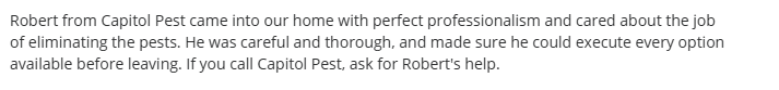Customer review for Capitol Pest highlighting careful, thorough Kensington pest treatment from technician Robert.