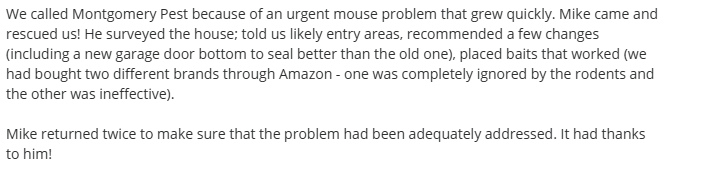 Customer review for Montgomery Pest Control describing persistent rodent follow-up visits at a Kensington property.