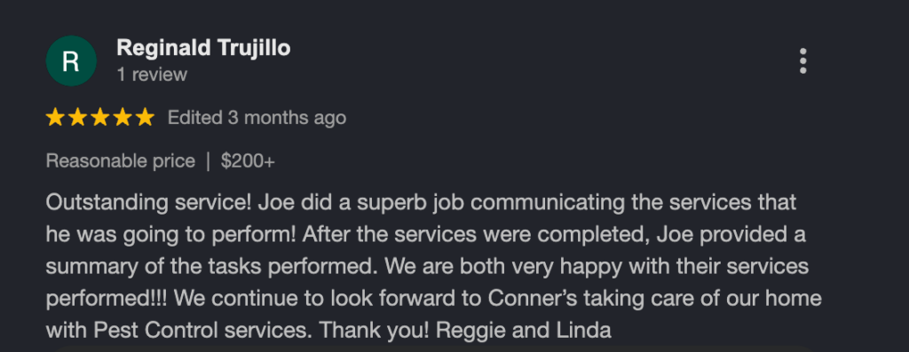 A 5-star review on Connor’s Pest Pros.