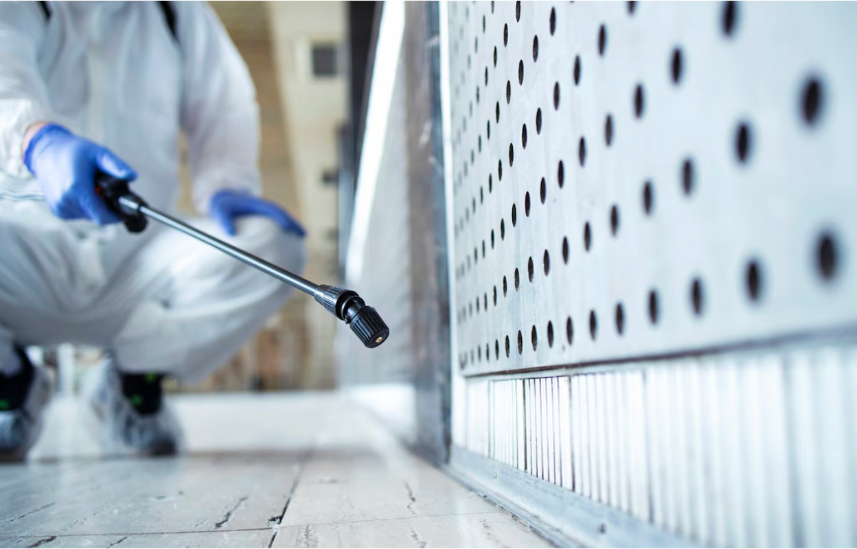 Person in white protective suit and blue gloves spraying pesticide near a perforated metal surface