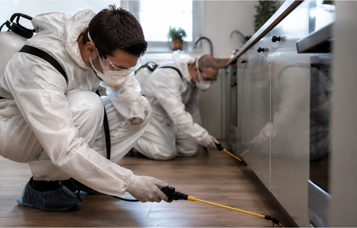 Two silverfish exterminators working in a house in Irving Park, Greensboro