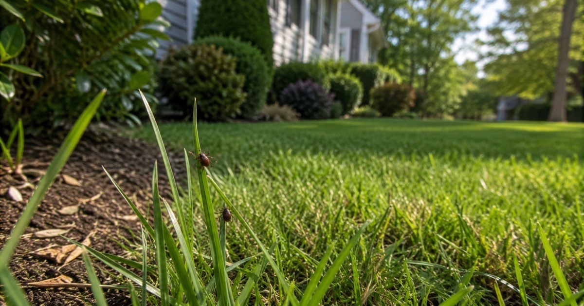 Two ticks questing on grass blades along the edge of a residential lawn in Sedgefield, NC