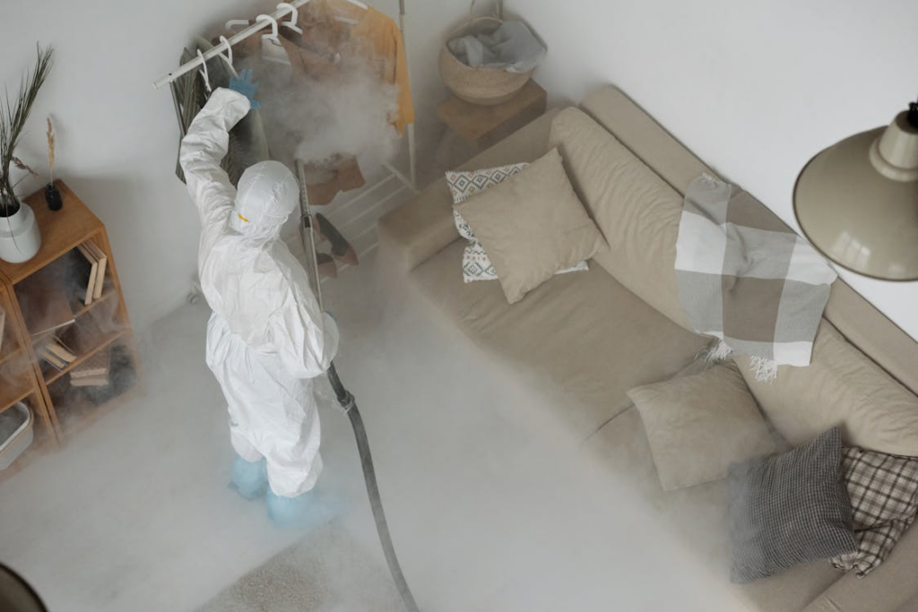 Pest control technician in a white protective suit, goggles, and a respirator spraying inside a kitchen.