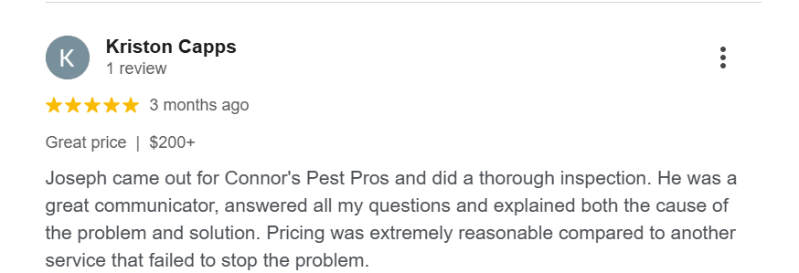 Five-star Google review praising Connor's Pest Pros technician for thorough inspection, clear communication, and reasonable pricing.